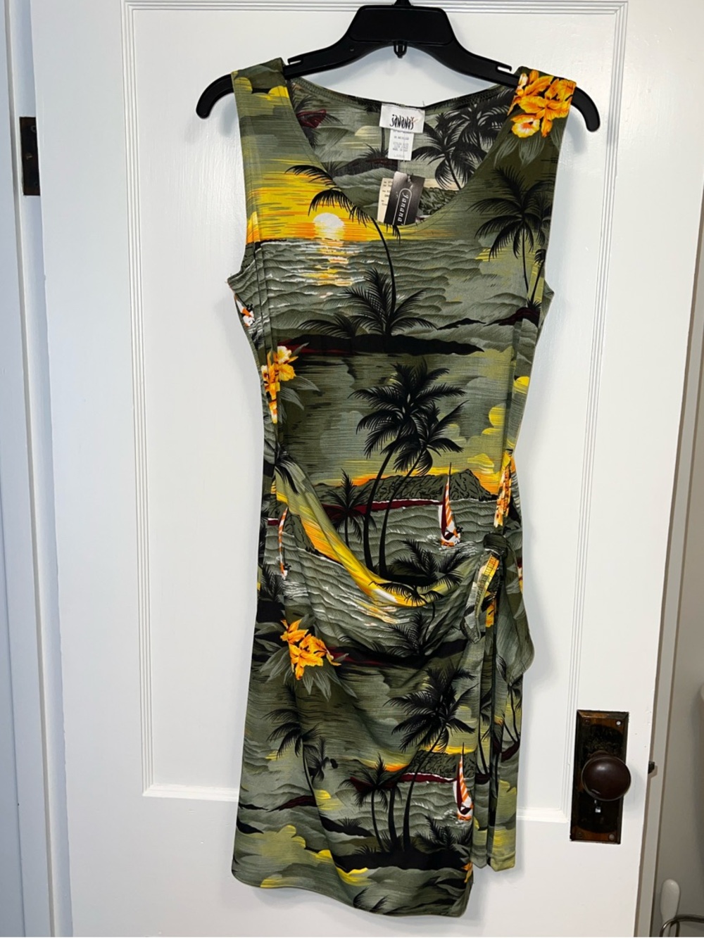 Tropical Palm Print Vacation Beach Sundress with Yellow Floral Accents